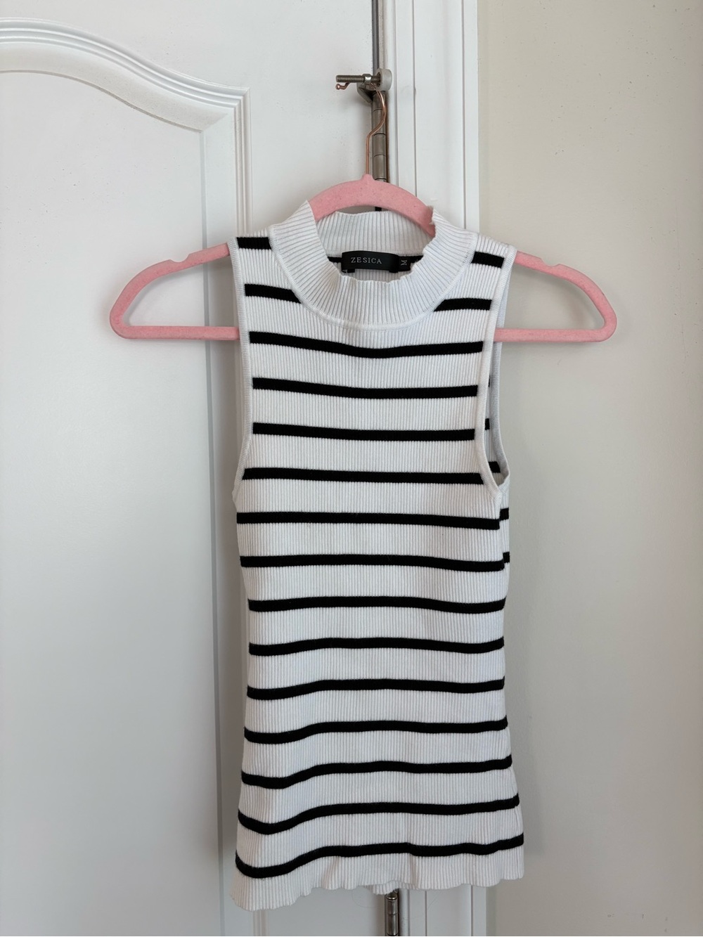 Zesica White and Black Striped Sleeveless Mock-Neck Tank